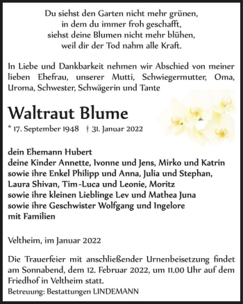Traueranzeige von Waltraut Blume  von Magdeburger Volksstimme