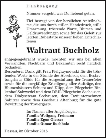 Traueranzeige von Waltraut Buchholz  von Magdeburger Volksstimme