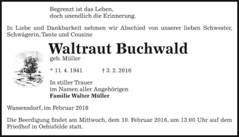 Traueranzeige von Waltraut Buchwald (geb. Müller)  von Magdeburger Volksstimme