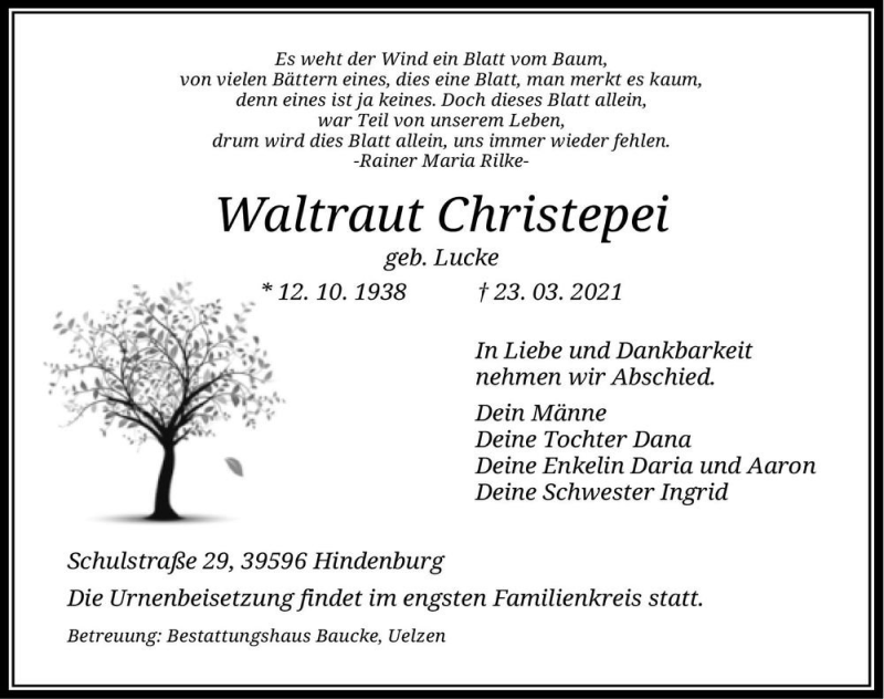  Traueranzeige für Waltraut Christepei (geb. Lucke)  vom 27.03.2021 aus Magdeburger Volksstimme
