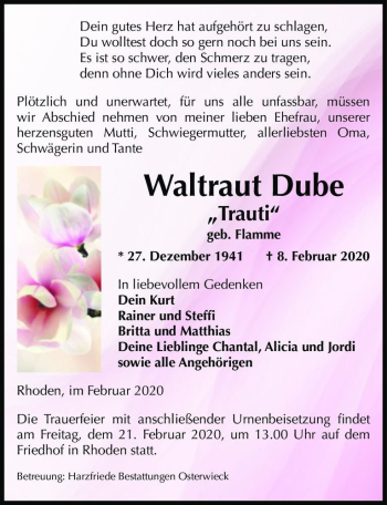 Traueranzeige von Waltraut Dube ,,Trauti