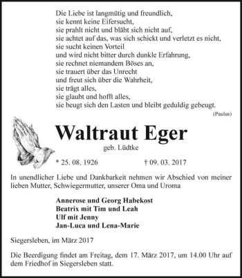 Traueranzeige von Waltraut Eger (geb. Lüdtke)  von Magdeburger Volksstimme