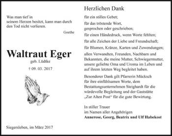 Traueranzeige von Waltraut Eger (geb. Lüdtke)  von Magdeburger Volksstimme