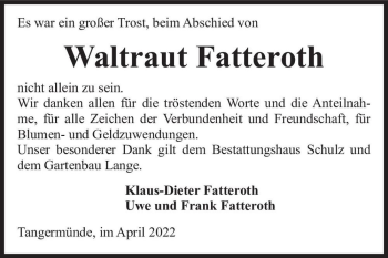 Traueranzeige von Waltraut Fatteroth  von Magdeburger Volksstimme