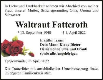 Traueranzeige von Waltraut Fatteroth  von Magdeburger Volksstimme