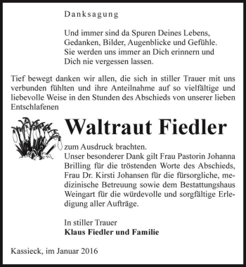 Traueranzeige von Waltraut Fiedler  von Magdeburger Volksstimme