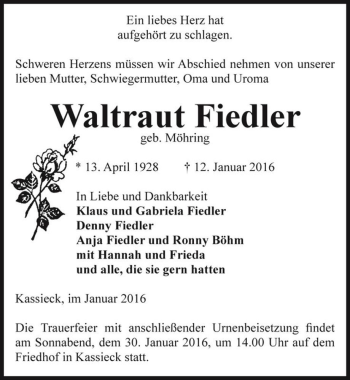 Traueranzeige von Waltraut Fiedler (geb. Möhring)  von Magdeburger Volksstimme
