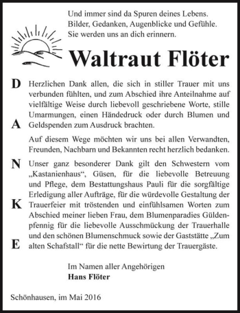 Traueranzeige von Waltraut Flöter  von Magdeburger Volksstimme