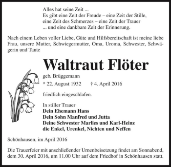 Traueranzeige von Waltraut Flöter (geb. Brüggemann)  von Magdeburger Volksstimme