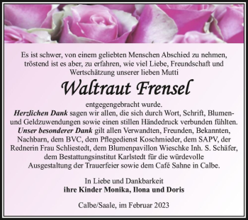 Traueranzeige von Waltraut Frensel  von Magdeburger Volksstimme