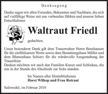 Traueranzeige von Waltraut Friedl  von Magdeburger Volksstimme