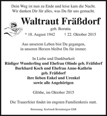 Traueranzeige von Waltraut Fräßdorf (geb. Borutta)  von Magdeburger Volksstimme