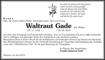 Traueranzeige von Waltraut Gade (geb. Klinger)  von Magdeburger Volksstimme
