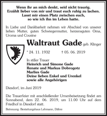 Traueranzeige von Waltraut Gade (geb. Klinger)  von Magdeburger Volksstimme