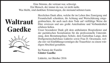 Traueranzeige von Waltraut Gaedke  von Magdeburger Volksstimme