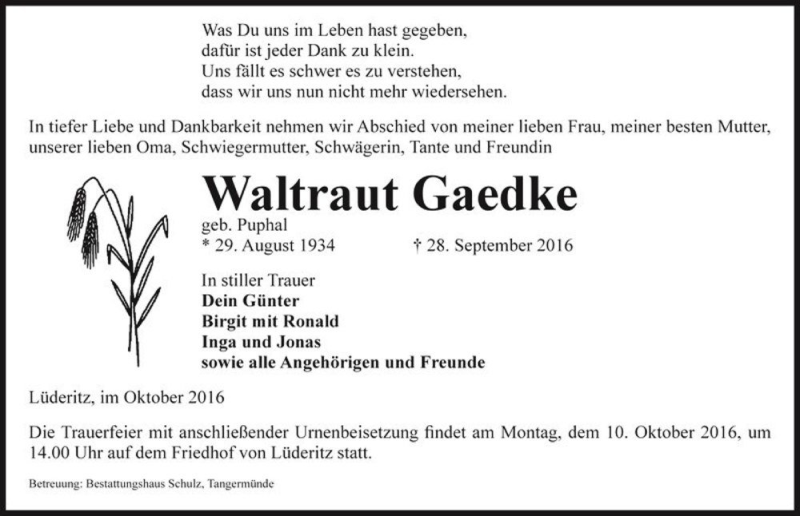 Traueranzeige für Waltraut Gaedke (geb. Puphal)  vom 01.10.2016 aus Magdeburger Volksstimme