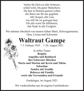 Traueranzeige von Waltraut Gampe  von Magdeburger Volksstimme