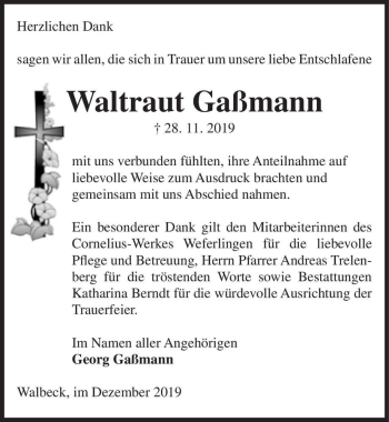 Traueranzeige von Waltraut Gaßmann  von Magdeburger Volksstimme