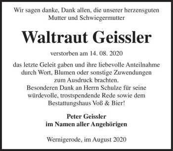 Traueranzeige von Waltraut Geissler  von Magdeburger Volksstimme