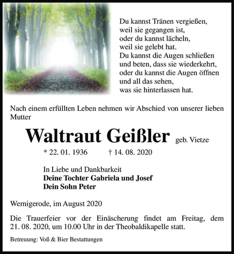  Traueranzeige für Waltraut Geißler (geb. Vietze)  vom 19.08.2020 aus Magdeburger Volksstimme
