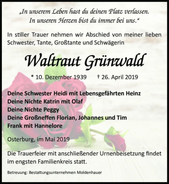 Traueranzeige von Waltraut Grünwald  von Magdeburger Volksstimme