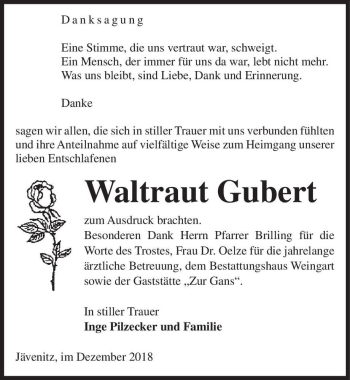 Traueranzeige von Waltraut Gubert  von Magdeburger Volksstimme