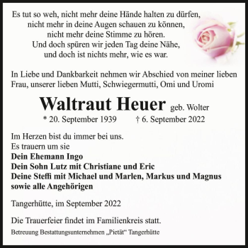 Traueranzeige von Waltraut Heuer (geb. Wolter)  von Magdeburger Volksstimme