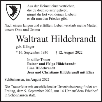 Traueranzeige von Waltraut Hildebrandt (geb. Klinger)  von Magdeburger Volksstimme