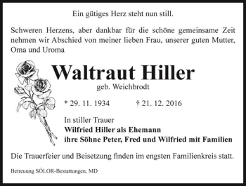 Traueranzeige von Waltraut Hiller (geb. Weichbrodt)  von Magdeburger Volksstimme