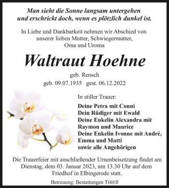Traueranzeige von Waltraut Hoehne (geb. Rensch)  von Magdeburger Volksstimme