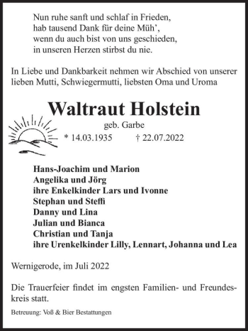 Traueranzeige von Waltraut Holstein (geb. Garbe)  von Magdeburger Volksstimme
