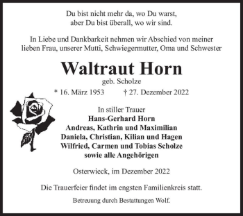 Traueranzeige von Waltraut Horn (geb. Scholze)  von Magdeburger Volksstimme