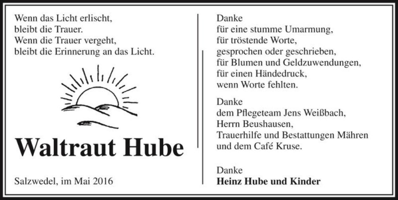  Traueranzeige für Waltraut Hube  vom 10.06.2016 aus Magdeburger Volksstimme