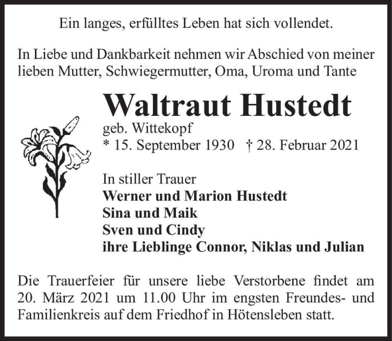  Traueranzeige für Waltraut Hustedt (geb. Wittekopf)  vom 13.03.2021 aus Magdeburger Volksstimme