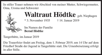 Traueranzeige von Waltraut Hödtke (geb. Niephagen)  von Magdeburger Volksstimme