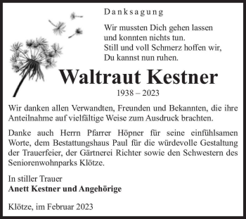 Traueranzeige von Waltraut Kestner  von Magdeburger Volksstimme