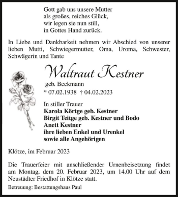 Traueranzeige von Waltraut Kestner (geb. Beckmann)  von Magdeburger Volksstimme