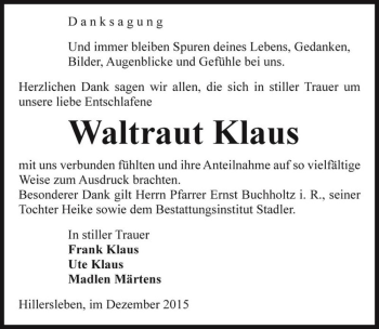 Traueranzeige von Waltraut Klaus  von Magdeburger Volksstimme
