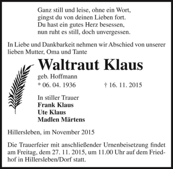 Traueranzeige von Waltraut Klaus (geb. Hoffmann)  von Magdeburger Volksstimme