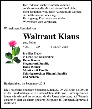 Traueranzeige von Waltraut Klaus (geb. Polier)  von Magdeburger Volksstimme