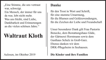 Traueranzeige von Waltraut Kloth  von Magdeburger Volksstimme