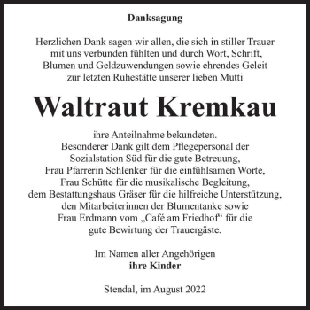 Traueranzeige von Waltraut Kremkau  von Magdeburger Volksstimme