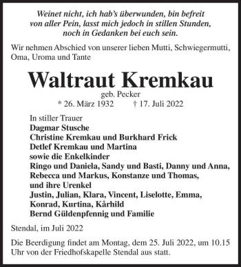 Traueranzeige von Waltraut Kremkau (geb. Pecker)  von Magdeburger Volksstimme