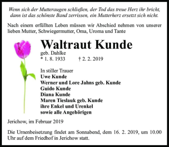 Traueranzeige von Waltraut Kunde (geb. Dahlke)  von Magdeburger Volksstimme