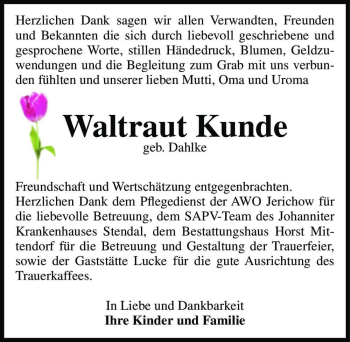 Traueranzeige von Waltraut Kunde (geb. Dahlke)  von Magdeburger Volksstimme