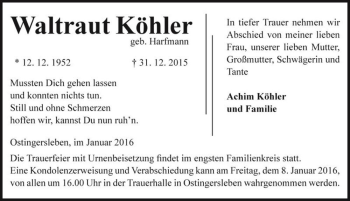 Traueranzeige von Waltraut Köhler (geb. Harfmann)  von Magdeburger Volksstimme
