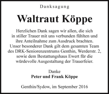 Traueranzeige von Waltraut Köppe  von Magdeburger Volksstimme