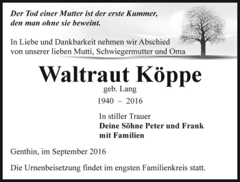 Traueranzeige von Waltraut Köppe (geb. Lang)  von Magdeburger Volksstimme