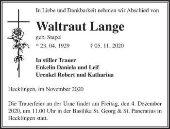 Traueranzeige von Waltraut Lange (geb. Stapel)  von Magdeburger Volksstimme