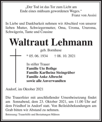 Traueranzeige von Waltraut Lehmann (geb. Bornhuse)  von Magdeburger Volksstimme
